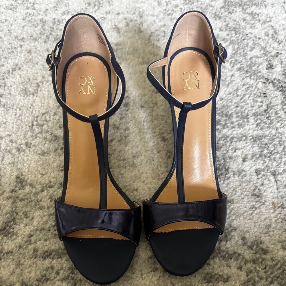 NY & Company Navy Strappy High Heel Sandal Size: 9 worn 1x